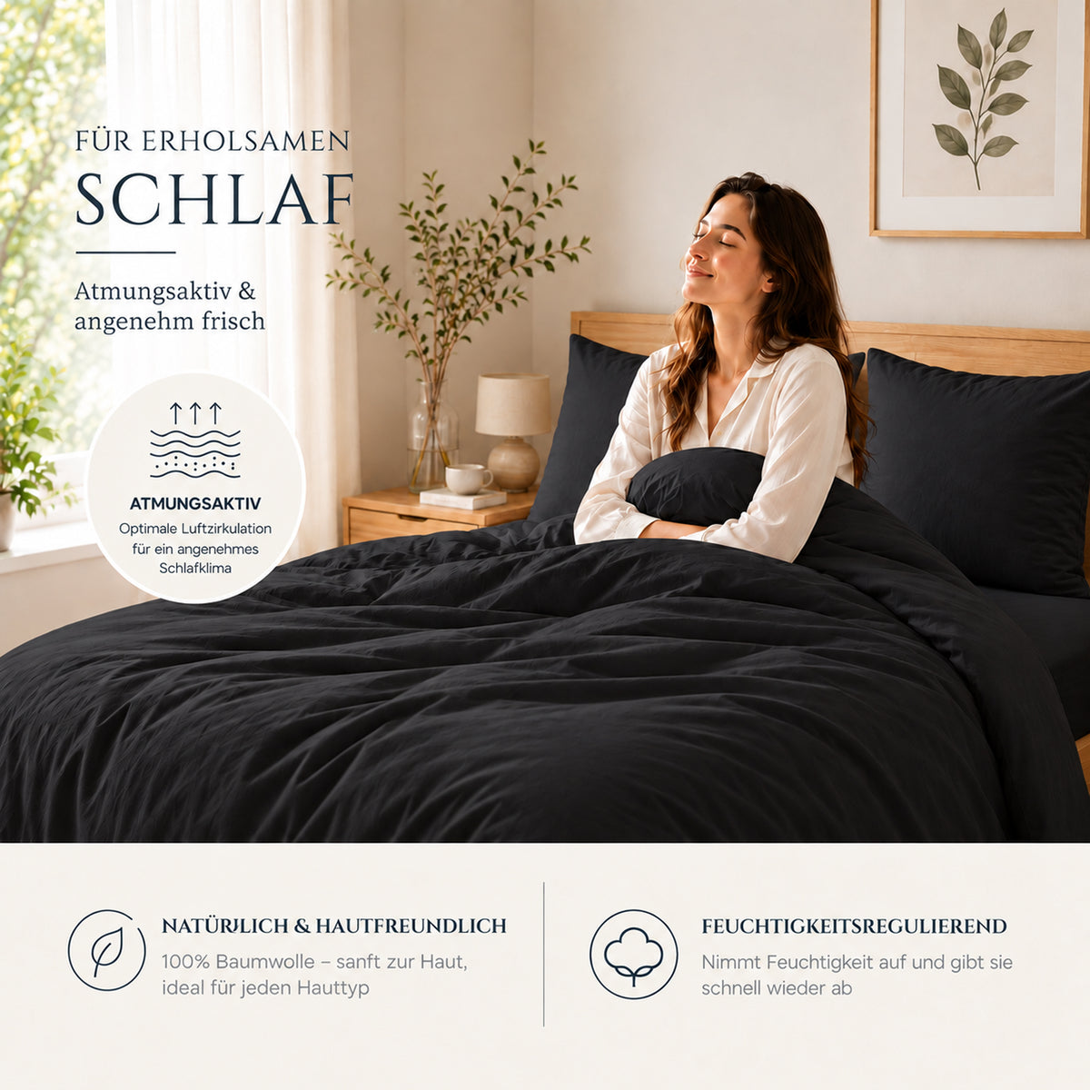 4 teilig Bettwäsche 135x200 Renforcé Uni Schwarz – Bild 3