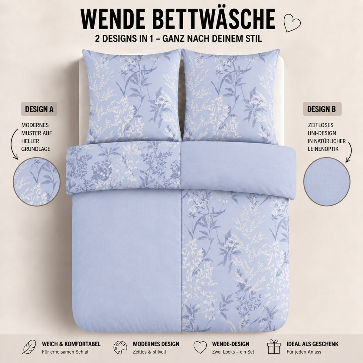Bettwäsche Nobel Blau, Reißverschluss, 80x80 cm Kissenbezug, Polycotton – Bild 3