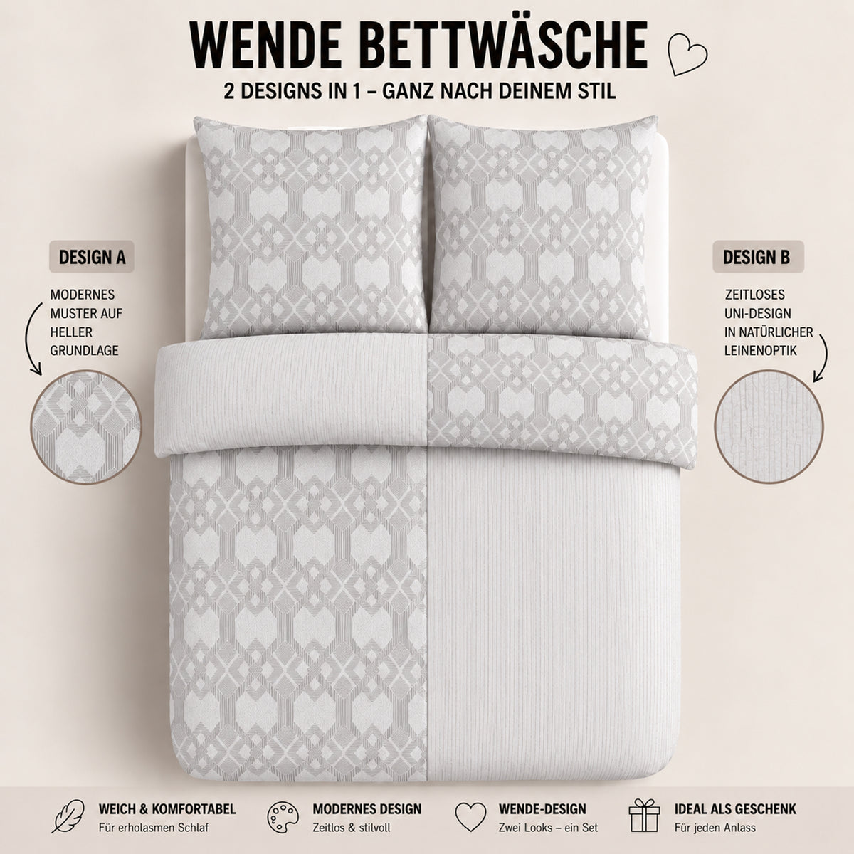 Bettwäsche Nexus Grau, Reißverschluss, 80x80 cm Kissenbezug, Polycotton – Bild 3