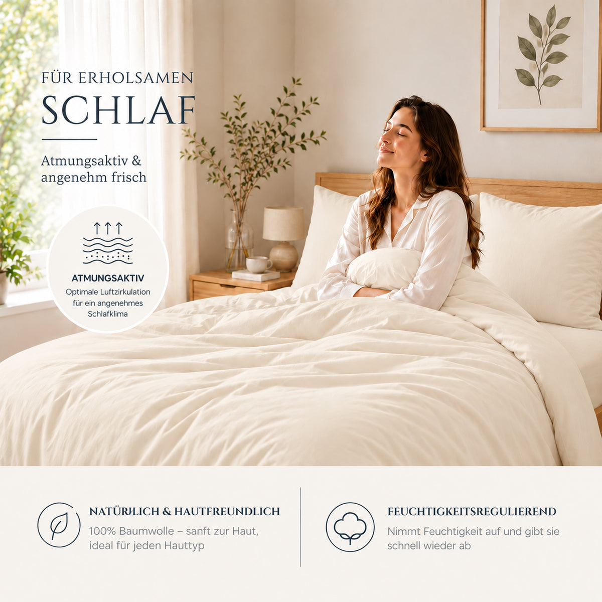 4 teilig Bettwäsche 135x200 Renforcé Uni Creme – Bild 3