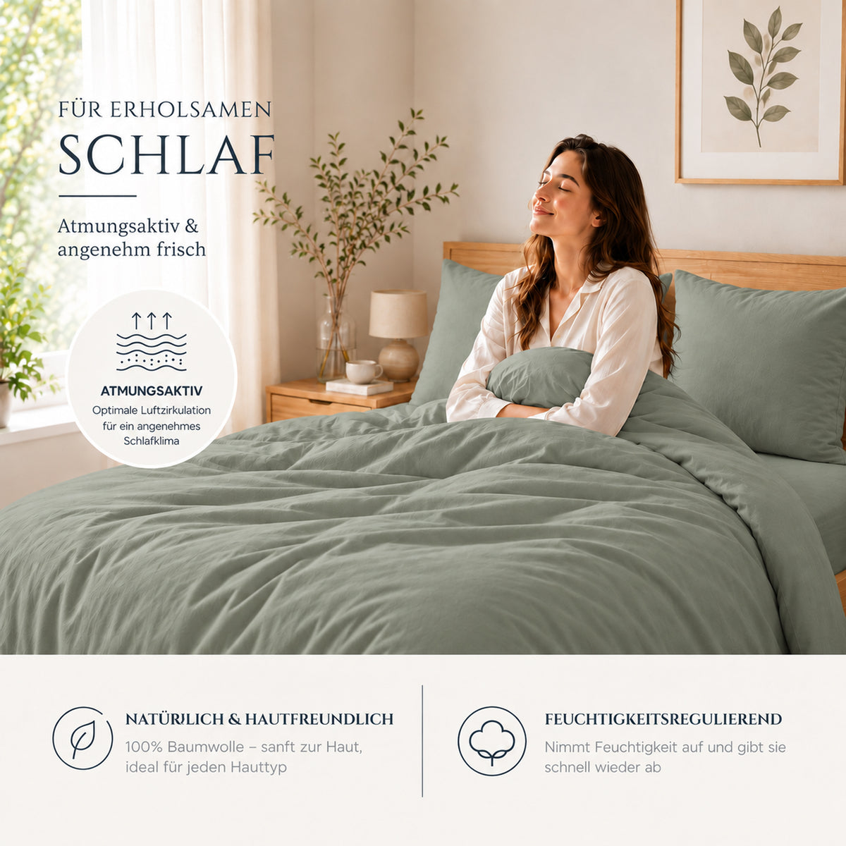 4 teilig Bettwäsche 155x220 Renforcé Uni Salbeigrün – Bild 3