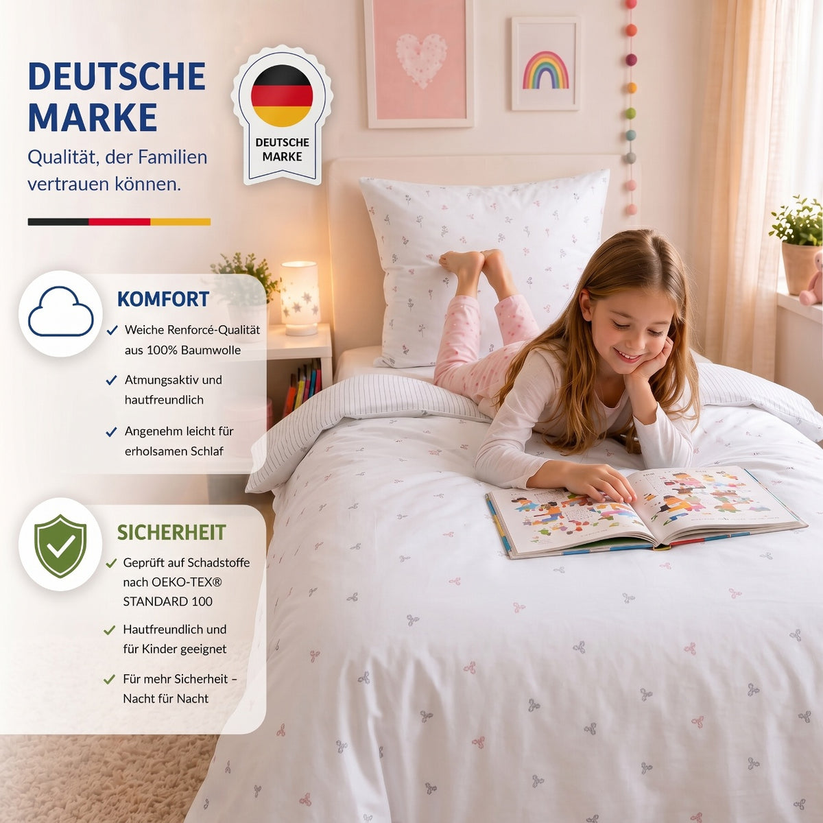 Kinderbettwäsche „Laven“ Renforcé in Rose: Mädchen liest auf dem Bett: weiche Renforcé-Qualität, Deutsche Marke – Rose – Bild 4