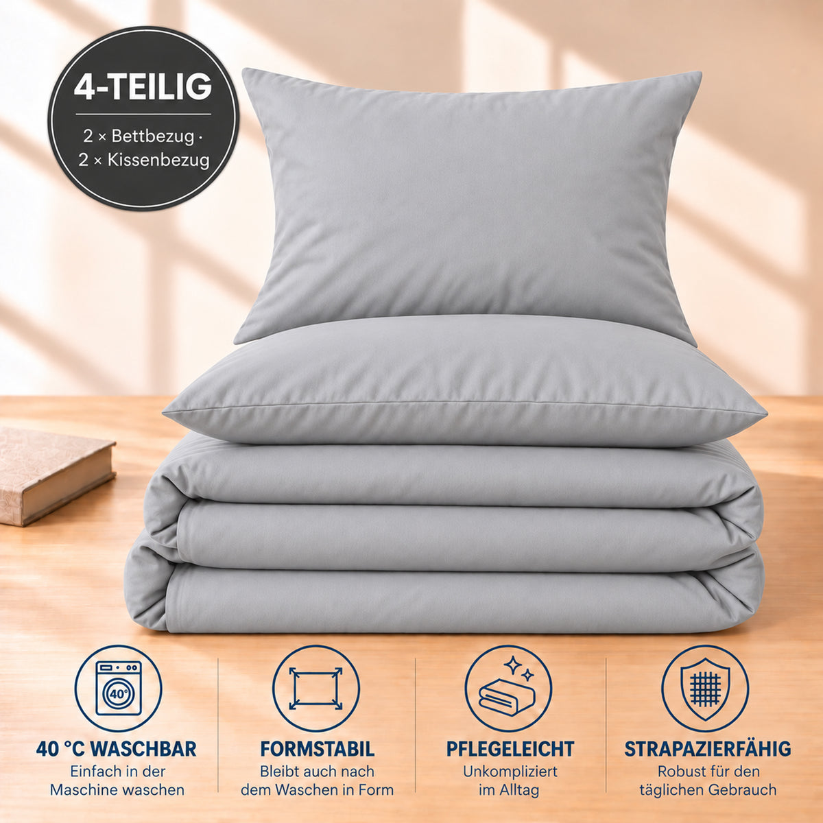4 teilig Bettwäsche 155x220 Renforcé Uni Anthrazitgrau – Bild 5