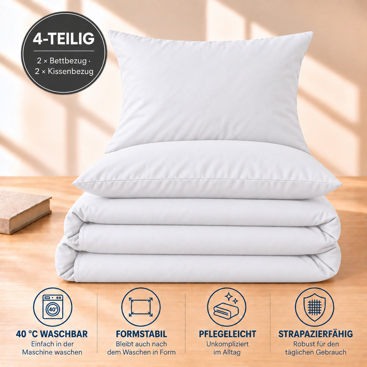 4 teilig Bettwäsche 155x220 Renforcé Uni Weiß – Bild 5