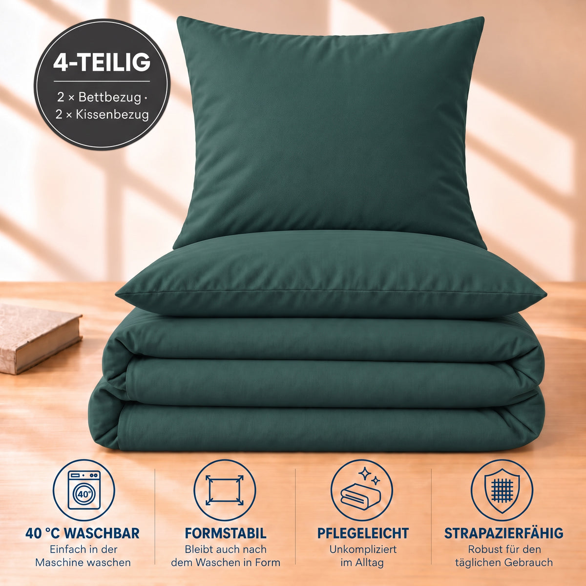 4 teilig Bettwäsche 155x220 Renforcé Uni Petrol – Bild 5