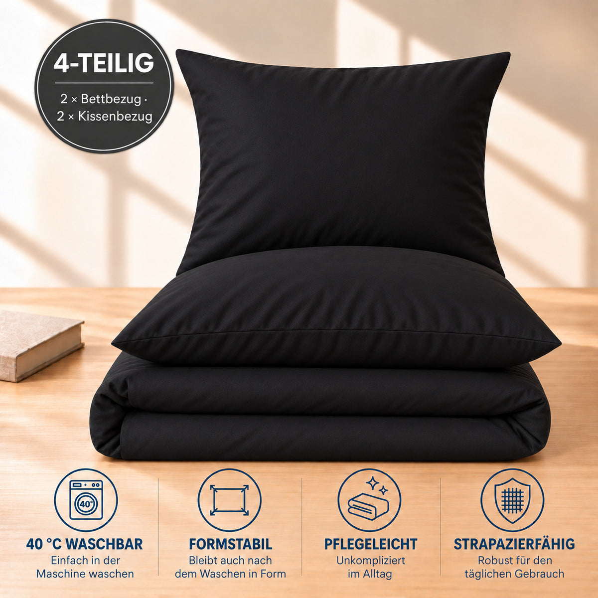 4 teilig Bettwäsche 155x220 Renforcé Uni Schwarz – Bild 5