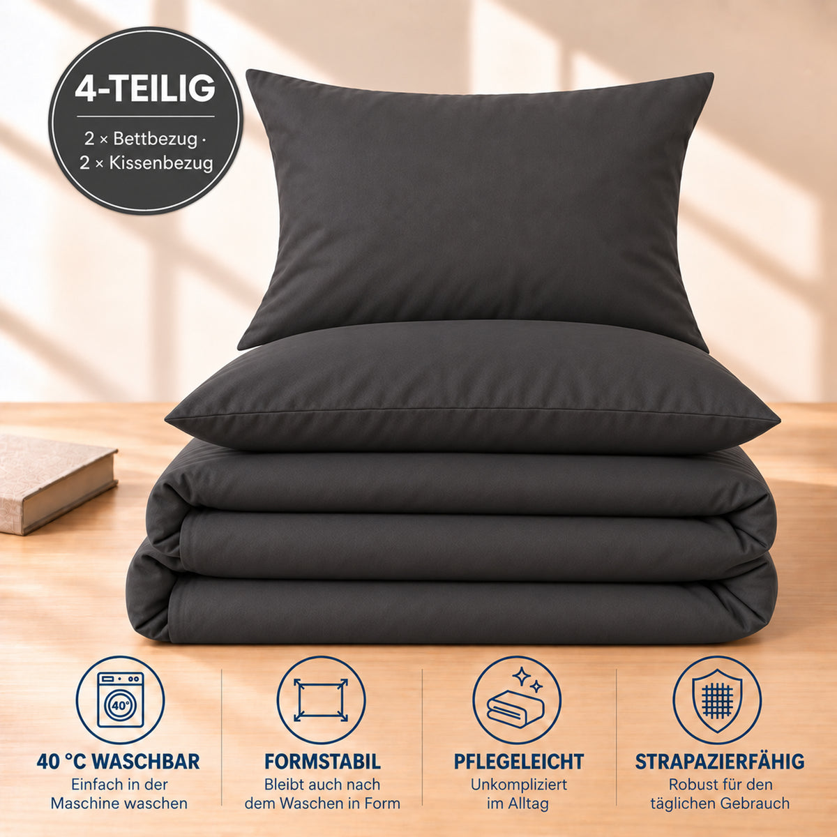 4 teilig Bettwäsche 135x200 Renforcé Uni Anthrazit – Bild 5