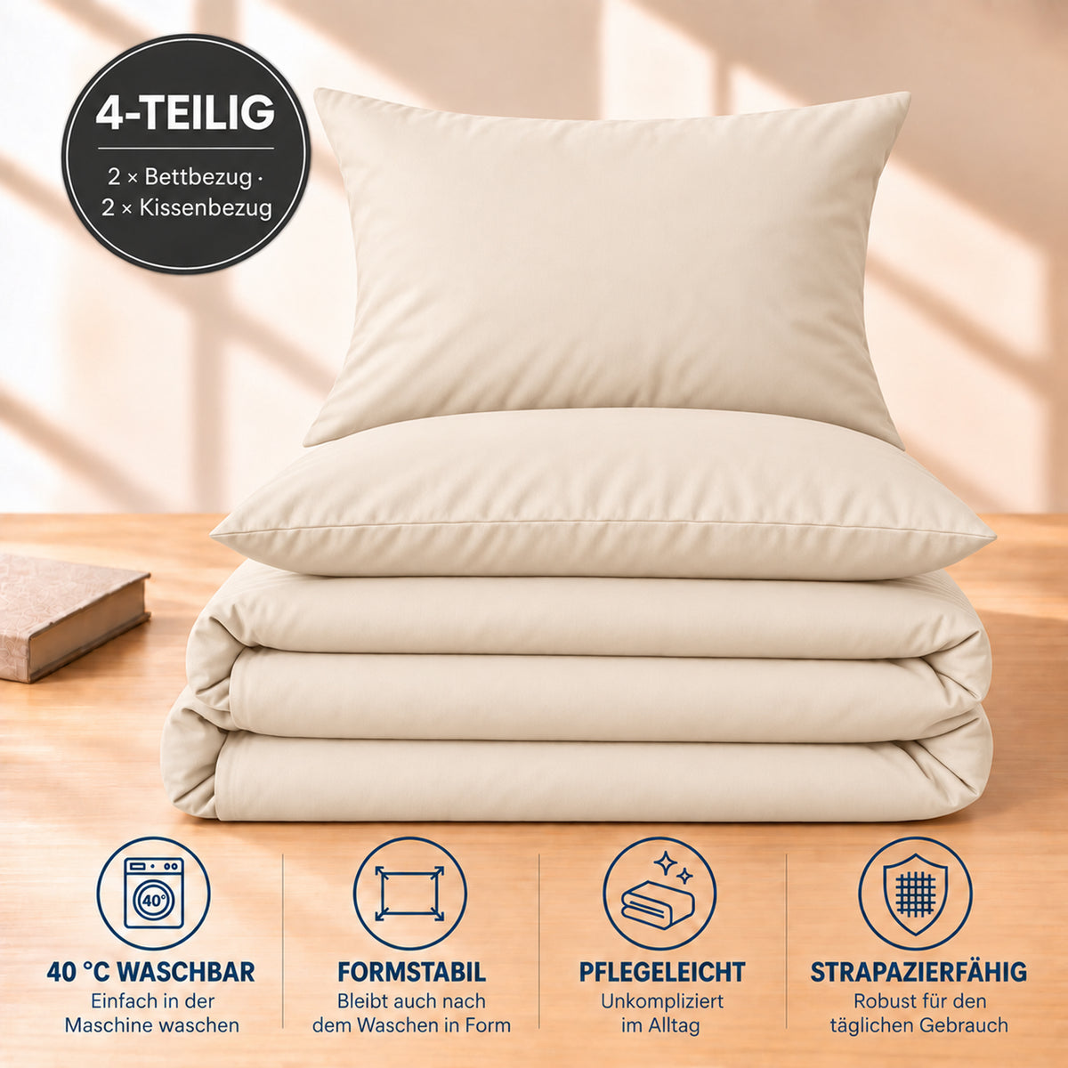 4 teilig Bettwäsche 135x200 Renforcé Uni Creme – Bild 5