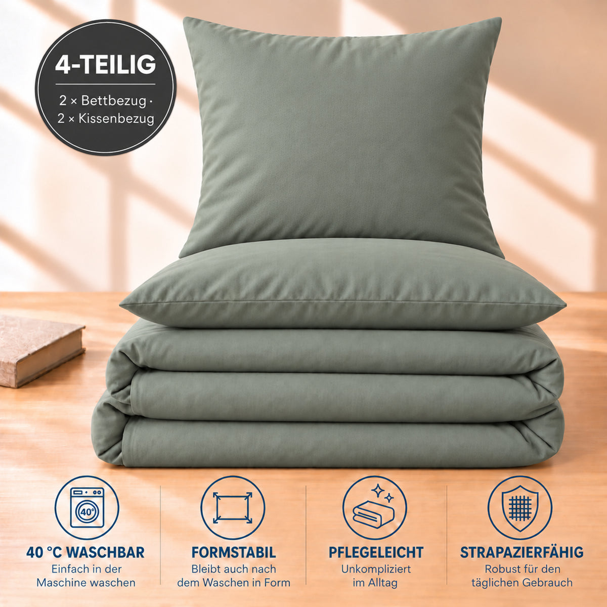 4 teilig Bettwäsche 155x220 Renforcé Uni Salbeigrün – Bild 5
