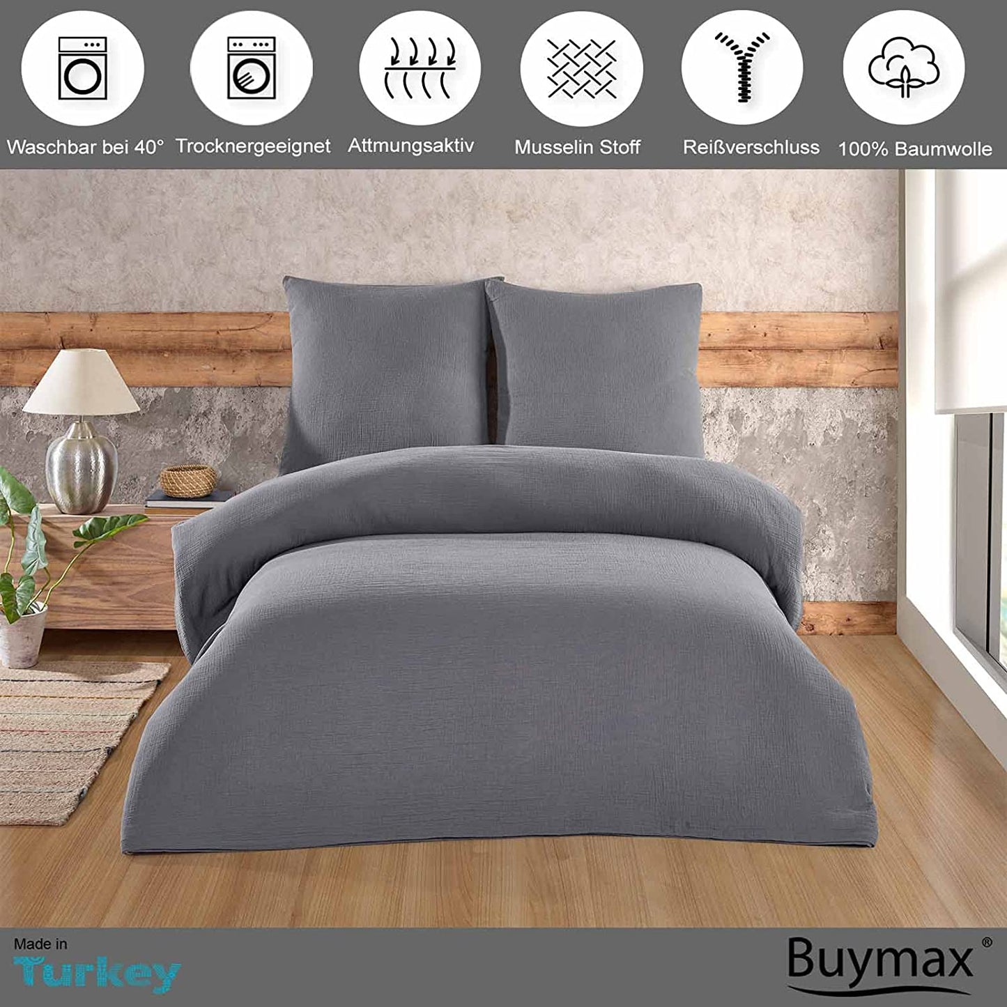 Buymax® Musselin Bettwäsche Set aus Baumwolle, Grau, 135x200 cm