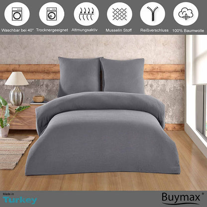 Buymax® Musselin Bettwäsche Set aus Baumwolle, Grau, 135x200 cm