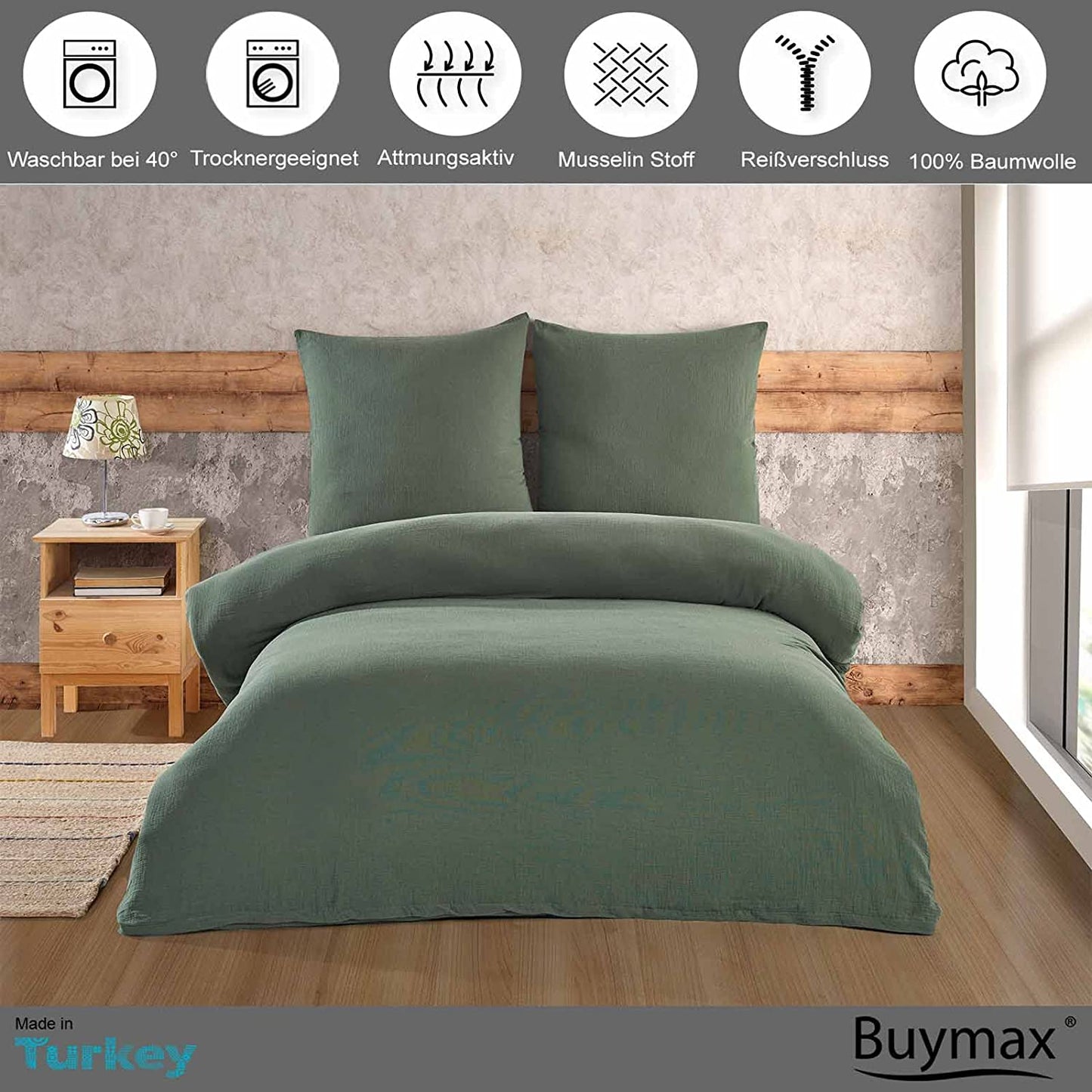Buymax® Musselin Bettwäsche Set aus Baumwolle, Grün, 200x200 cm