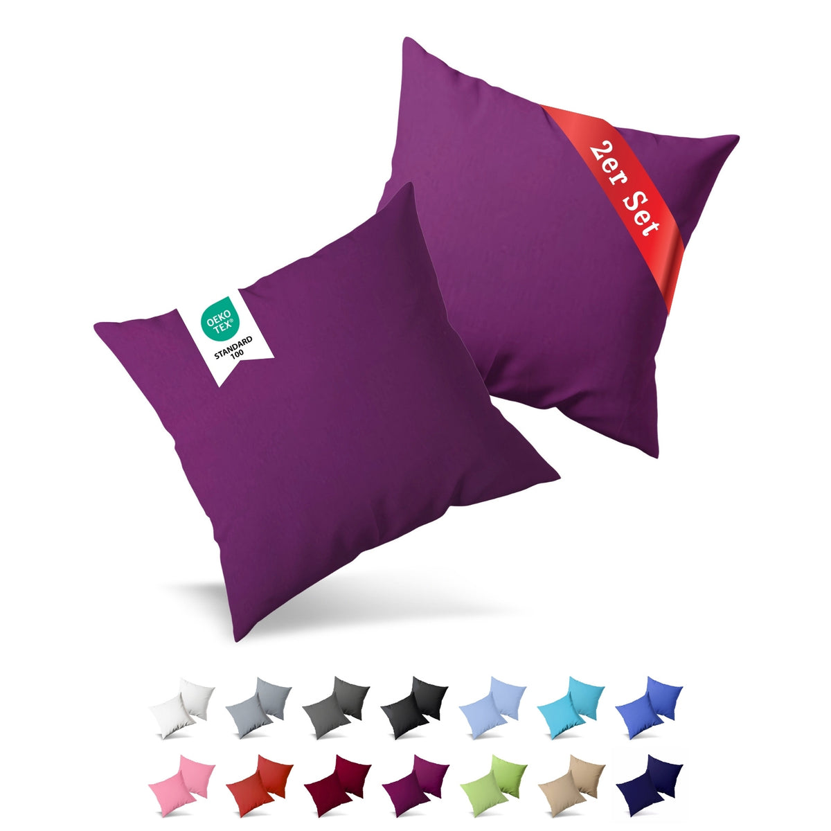 Jersey Kissenbezug, 2er-Set, 80x80 cm, Aubergine