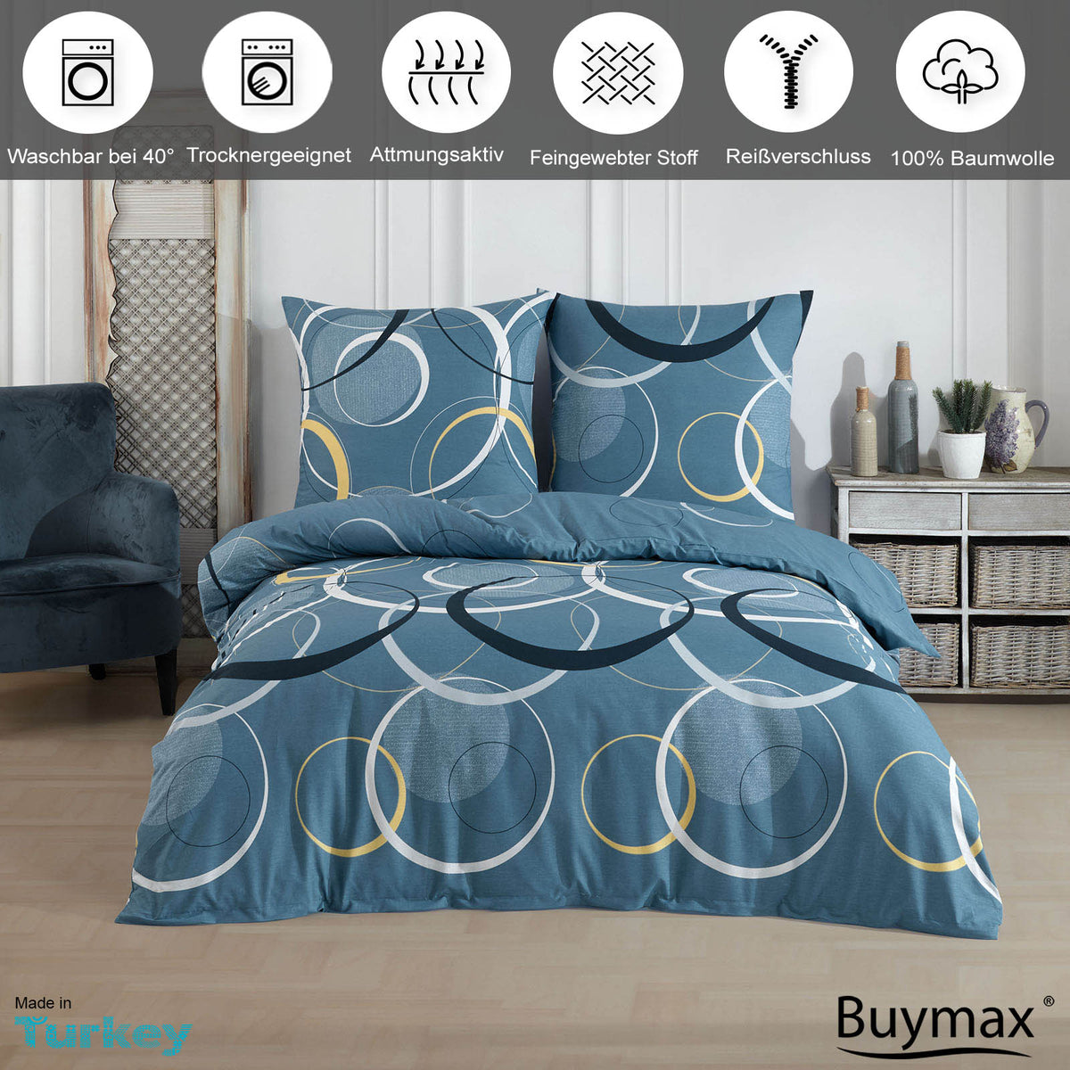 Buymax Renforcé Bettwäsche 100%Baumwolle – Wave Design & 80x80cm