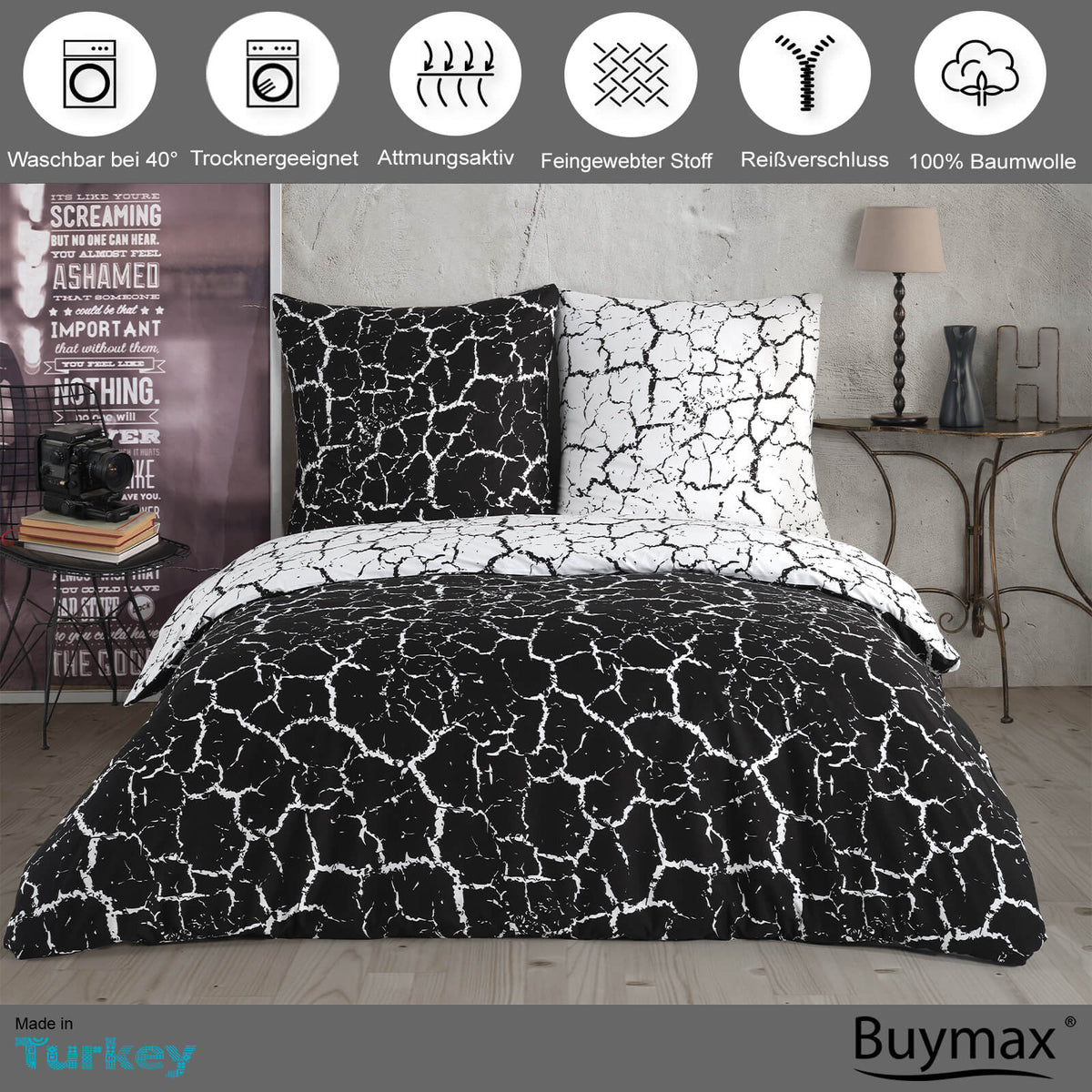 Buymax Bettwäsche Mercer Black– Renforcé Baumwolle, 80x80 cm Kissen