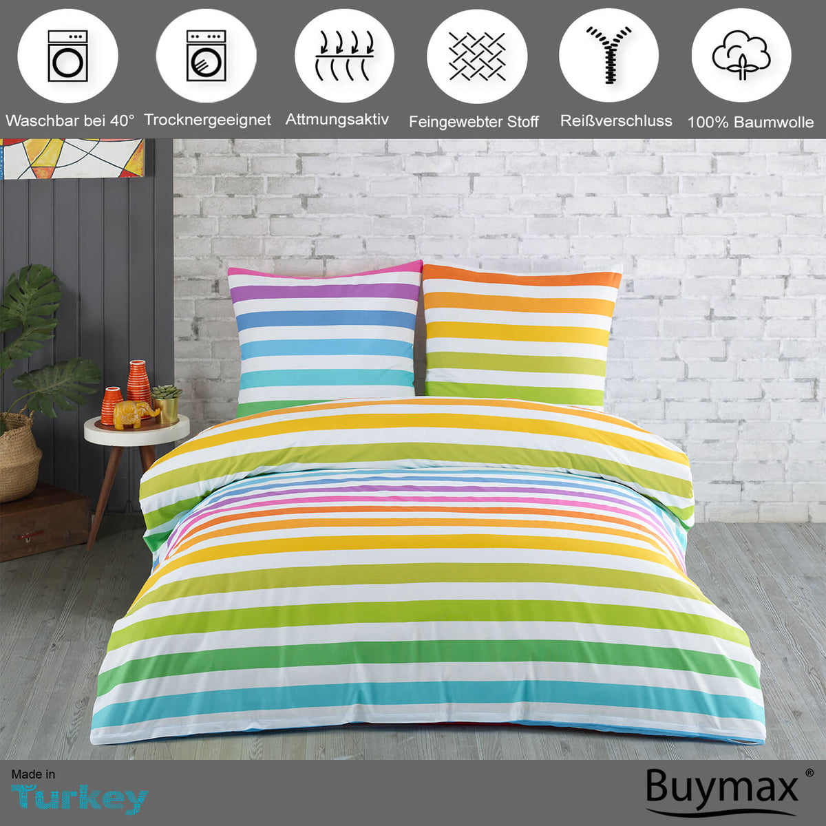 Buymax Renforcé Bettwäsche 100%Baumwolle – Rainbow Design & 80x80cm