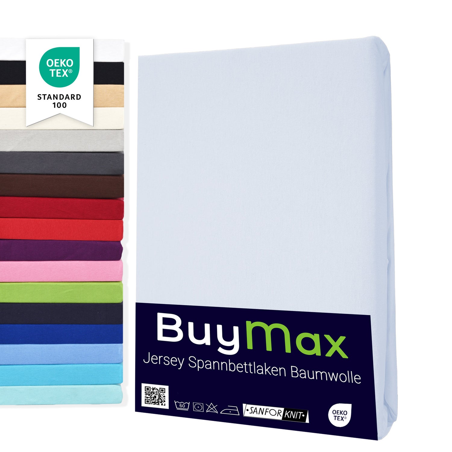 „Buymax Jersey-Spannbettlaken aus Baumwolle in Weiß, OEKO-TEX zertifiziert – erhältlich in verschiedenen Farben.“
